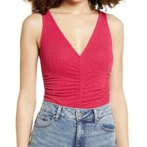 NWT LEITH Ruched V-Neck Bodysuit Red Beetroot S